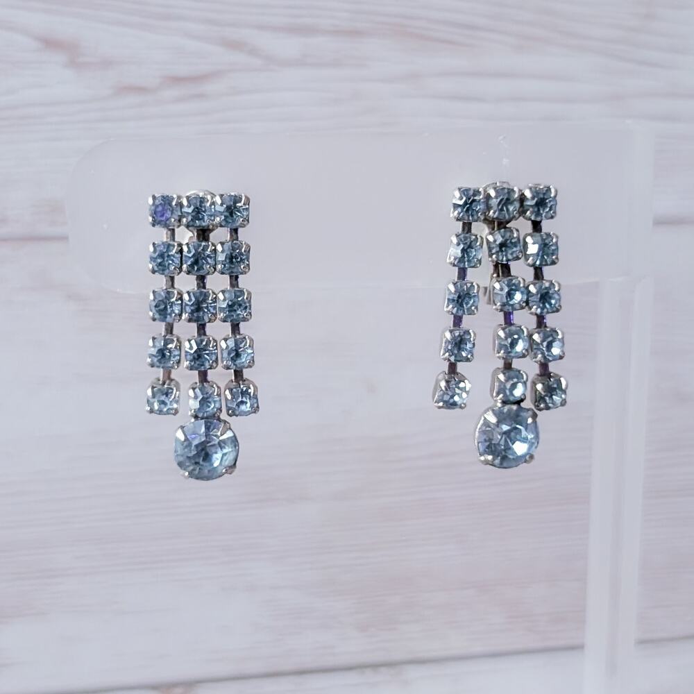 Vintage Screw On Earrings Light Blue Gems Three Row Dangle